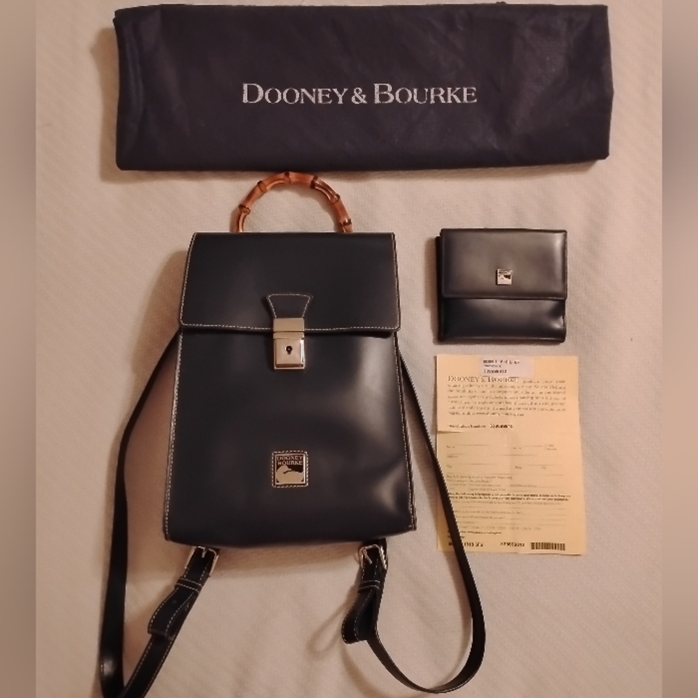 Vtg Dooney Bourke Toiny Italy Leather Backpack Bamboo Purse Wallet SET Navy Blue